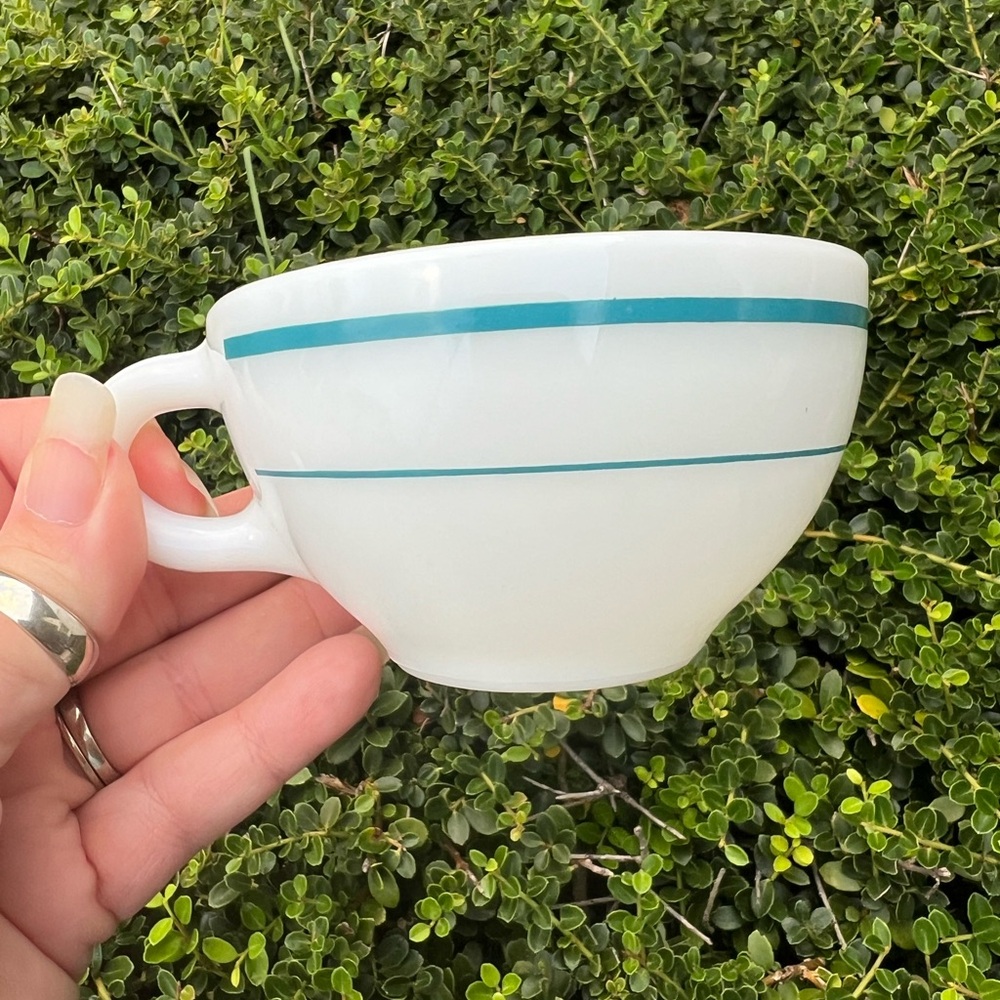 Vintage PYREX Coffee/Tea Cup Teal Stripe EUC Made in USA